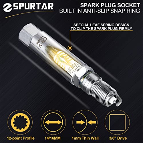 Spurtar 14mm 16mm Spark Plug Socket Set Thin Wall 12-Point 3/8-Inch Drive Spark Plug Tool Set for Auto, Fits BMW Peugeot Benz Nissan Cars Motorcycle SUV ATV with Spring Clips 2pcs CRV Steel Tool - size: 14mm & 16mm Set