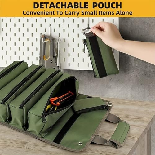 Roll Up Tool Bag, Heavy Duty Portable Soft Tool Storage with 2 Detachable Pouches,guy gifts for Him Dad Men Mechanic Welding, Green