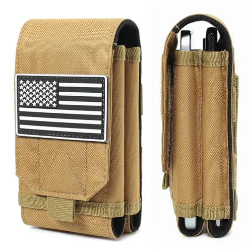 Tactical Molle EDC Phone Pouch Universal Dual Mobile Phone Holster Holder with US Flag Patch (Coyote Brown) - color: Coyote Brown