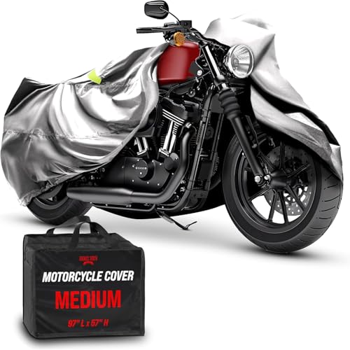 Badass Moto Ultimate Motorcycle Cover Waterproof Outdoor, Heavy Duty Motorcycle Cover for Harleys - Fits Harley Davidson Motorcycle Covers, Street or Sportbike Cover - Light Gray Medium - color: Light Gray, size: [M] 96"L x 38"W x 55"H