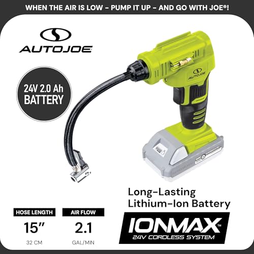 Sun Joe Cordless Tire Air Inflator and Compressor Kit w/ 2.0-Ah Battery, Charger and Nozzle Adapters - Portable Battery-Powered Inflating Tool for Car Wheels, Pools, and Bikes, IONMAX 24V-AJC-LTE - style: Standard Kit (w/2.0-Ah Battery + Charger)