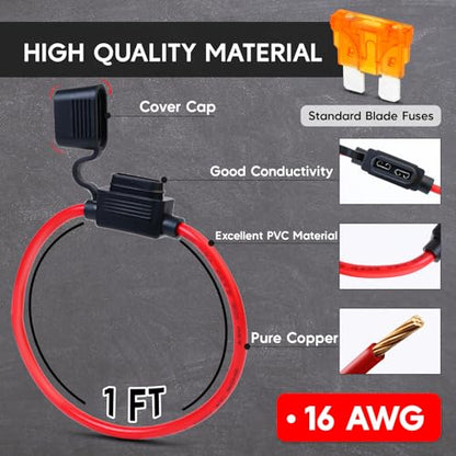 Pack of 5 Inline Fuse Holder 16AWG 1FT – Heavy Duty Automotive Blade Fuse Holder 2A/3A/5A/7.5A/10A/15A/20A Ideal for Car, Marine, Solar, and RV Applications (35 Fuses in Set) - size: 16AWG (5 Pcs)