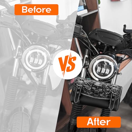 Rogierra 7.1L Motorcycle Tool Bag,Universal PU Leather Motorcycle Fork Bag Waterproof Handlebar Bag For Harley Suzuki Kawasaki,Black Adjustable 3D Skull Bag - style: Embossed Skull Pattern