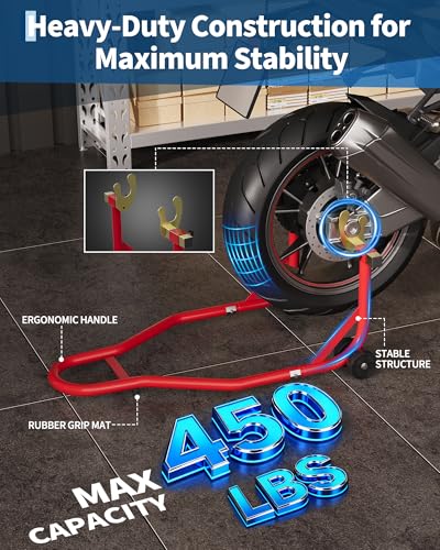 Heavy Duty Motorcycle Stand Lift, Adjustable U&L Fork Head Wheel Lift for Maintenance and Repairs, 450 LBS Capacity, Steel Construction, Red, 1 Piece With Gloves - color: Red