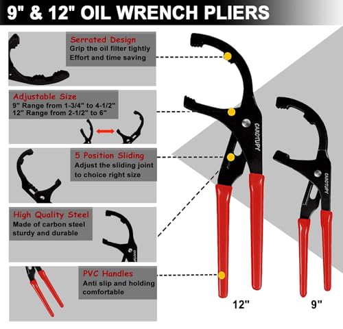 9pcs Oil Filter Wrench Set, 9" and 12" Oil Filter Pliers with Oil Snap Funnel for Automotive Oil Change, Adjustable Oil Filter Removal Tool From 1-3/4" to 6"