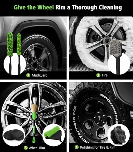 YeewayVeh 8PCS Ultimate Wheel and Tire Brush Kit | 2-Size 360° Bendable Rim Brushes, Boar Hair Detailing Brush, Tire Shine Applicators & Microfiber Towel | Complete Scratch-Free Cleaning & Shining Set - color: Green/Black/Gray, size: 8-Pack