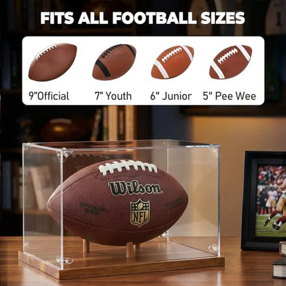Football Display Case Full Size, Acrylic Clear Box with Wood Stand, UV Protected Memorabilia Holder, for Football Fans & Collectors, Sports Collectibles - size: 13.9ln×8.9ln×1.5ln