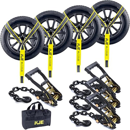 KJE 4 Pack Reflective Car Tie Down Straps for Trailers - Tire Ratchet Strap with Chain Anchors - 2" x 10' 10,000LBS Break Strength - Lasso Style Wheel Straps for Hauling UTV, SUV, Truck, Any Cars