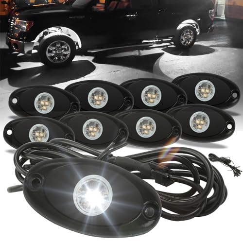 SUNPIE 8 Pods White Rock Lights – Quick Connect, 3 High Power Chips, 4M Extension Wires, Mounting Pads Included, 6000K Pure White, IP67 Waterproof, Fits Trucks, SUV, ATV, UTV, Trailer - color: White, size: 8 Pods