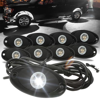 SUNPIE 8 Pods White Rock Lights – Quick Connect, 3 High Power Chips, 4M Extension Wires, Mounting Pads Included, 6000K Pure White, IP67 Waterproof, Fits Trucks, SUV, ATV, UTV, Trailer - color: White, size: 8 Pods