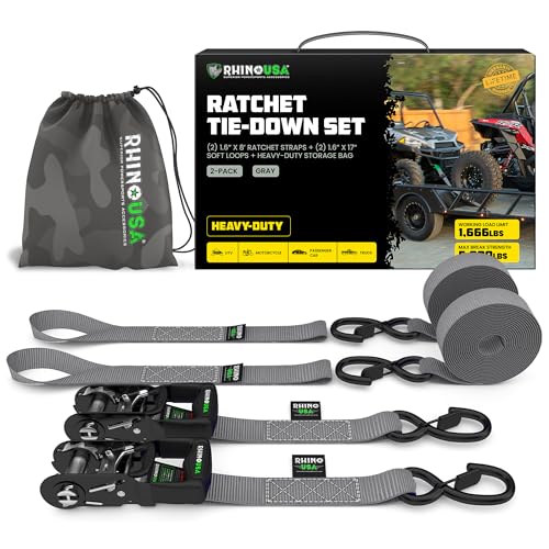 Rhino USA Ratchet Straps Heavy Duty Kit (2-Pack) - 1.6 Inch x 8 Feet Min Break Strength (5,000) - Ultimate Tie Down Straps with Safety S Hooks for Trucks, ATV, UTV, Motorcycle, Cargo & More - Gray - color: Gray, size: 8ft - 2 Pack