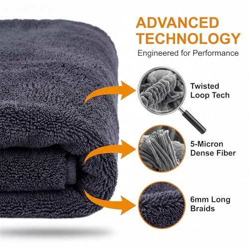 Twisted Loop Microfiber Car Drying Towel, Extra Large 36x24 Inch 1300 GSM Super Absorbent Scratch Free Lint Free Streak Free Washable Professional Auto Detailing Towel for Car SUV Truck Motorcycle