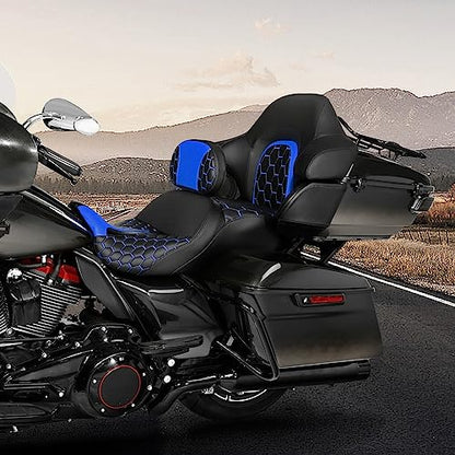C.C. RIDER Gel Seat Driver Passenger Seat and Driver+ Tour Trunk Backrests Fit For Harley Touring 2014-2023 Street Glide Road Glide Road King Electra Glide,Blue Hexagon - color: 23# Gel Blue+ 2 Backrests