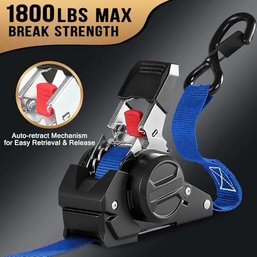 10FT Retractable Ratchet Straps(2-Pack) - 1 Inch (1800 LB Break Strength) Heavy Duty Self Retracting Ratchet Straps with Soft Loops & Storage Bag for Household, Motorcycle, Truck, ATV(Blue) - style: Blue-2 Pack