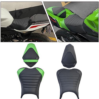 Upgrade Soft PU leather Front Driver Rider Seat Passenger Pillion Seat Cushion Comfortable compatible with Kawasaki ninja 400 Z400 Z-400 Accessories 2018-2024 (Front+Rear Seat-Green) - color: Front+Rear Seat-Green