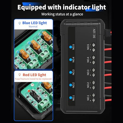 Motorcycle Fuse Box, 20A 5 Circuit Terminal Block with LED Indicator for Cars Motorcycles ATV UTV, PC Material Insulation Heatproof