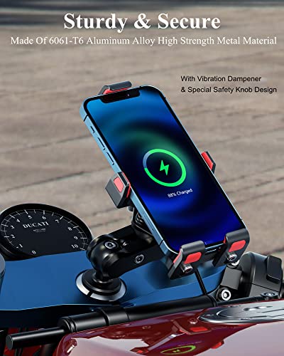 BRCOVAN Motorcycle Fork Stem Phone Mount with Qi 15W Wireless Charger & Vibration Dampener, Anti-Theft, Anti-Shake, Adjustable, Aluminum Alloy Motorcycle Cellphone Holder for 4.7-7.2'' Smartphone