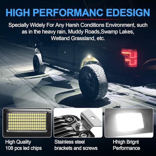 Nicoko 108 High-Power LEDs per Pod 4Pods Pure White Rock Lights Ultra-Bright Offroad Underglow Kit Advanced Heat Dissipation IP68 Waterproof for Truck, SUV, UTV, ATV, RZR - size: Pure white 108w rock lights