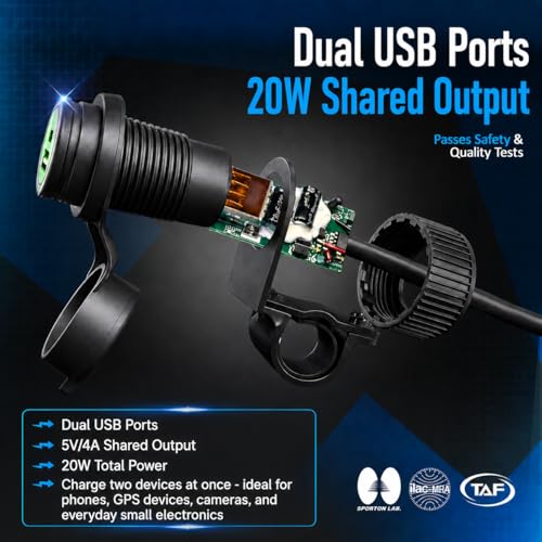 Cliff Top Motorcycle USB Charger Waterproof Dual USB Port 4A 20W, with Magnetic Power Switch Heavy Duty for 7/8’’ and 1’’ Handlebars - Prevents Battery Drain - size: 4A 20W Dual USB with Magnetic Switch