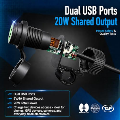 Cliff Top Motorcycle USB Charger Waterproof Dual USB Port 4A 20W, with Magnetic Power Switch Heavy Duty for 7/8’’ and 1’’ Handlebars - Prevents Battery Drain - size: 4A 20W Dual USB with Magnetic Switch