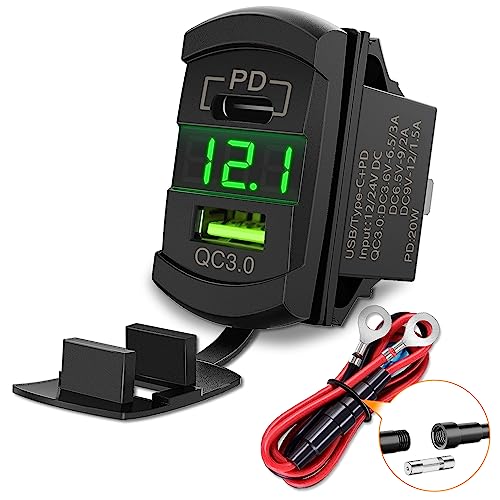 Nilight Rocker Switch Style USB Outlet LED Voltmeter Quick Connector 12V PD Type C and USB QC 3.0 Cars Replacement with Inline Fuse for Switches Panel on Boats RV Truck Car - color: Type C + USB Voltmeter Green