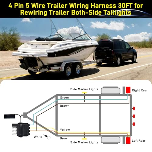 30FT 4 Pin 5 Wire Trailer Wiring Harness Kit,18AWG Pure Copper Wires with Tinned Ends to Prevent Corrosion, for Connection of Tail/Brake Lights and Turn Signals (30FT) - size: 30FT