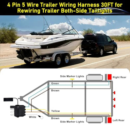 30FT 4 Pin 5 Wire Trailer Wiring Harness Kit,18AWG Pure Copper Wires with Tinned Ends to Prevent Corrosion, for Connection of Tail/Brake Lights and Turn Signals (30FT) - size: 30FT