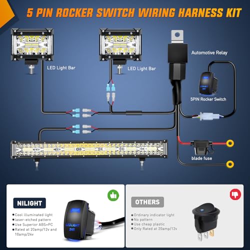 Nilight Side Shooter LED Light Bar Set 20 Inch Triple Row Spot Flood Combo Lights 2PCS 4.3" Pods with 5Pin Rocker Switch Wiring Harness Kit for Truck SUV ATV UTV - color: White - 20Inch Side Shooter Light Bar + 2Pcs 4.3Inch Pods + Wiring Harness