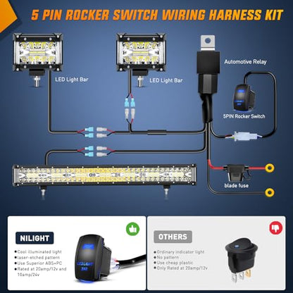 Nilight Side Shooter LED Light Bar Set 20 Inch Triple Row Spot Flood Combo Lights 2PCS 4.3" Pods with 5Pin Rocker Switch Wiring Harness Kit for Truck SUV ATV UTV - color: White - 20Inch Side Shooter Light Bar + 2Pcs 4.3Inch Pods + Wiring Harness