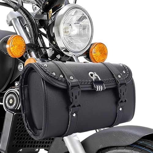 Universal Motorcycle Handlebar Bag,Side Lock PU Leather Motorcycle Fork Bag,Handlebar Bag Horizontal And Vertical Double Fixed Design,With Password Lock Riding Anti-Theft Saddle Bags - color: Black - Oval