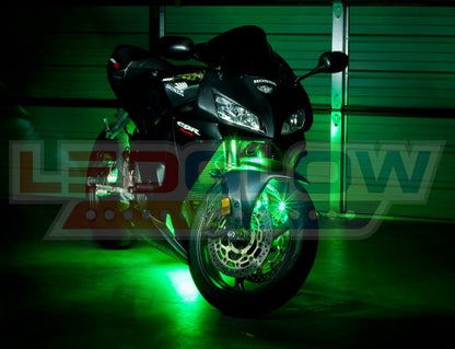 LEDGlow 6pc Advanced Green LED Motorcycle Accent Neon Underglow Lighting Kit - 4 Patterns - 4 Brightness Levels - 6" Flexible Light Strips - Includes Waterproof Control Box & 2 Wireless Remotes