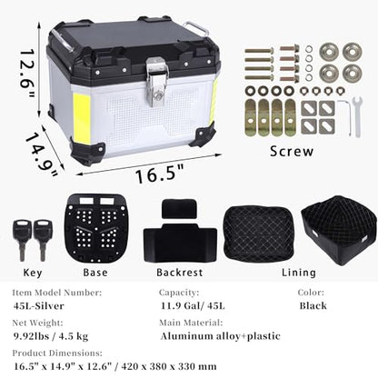 Motorcycle Top Case 45L Trunk Tail Box Bag Aluminum alloy handle With Leather Lining Anti-Theft With Lock And Back Cushion Waterproof Dustproof Easy Installation With Universal Bracket Silver - color: Silver（45L-Single Lock）