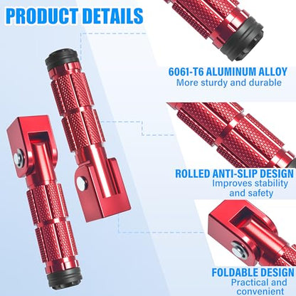 M8 Motorcycle Foot Pegs Folding Rearsets-90 Degree Foldable Footrest Fit 0.86-1.37in Brackets, Anti-Skid CNC Footpegs with Rubber Gasket for Pit Bike Dirt Bike Adventure Touring Bikes (Red) - color: Red