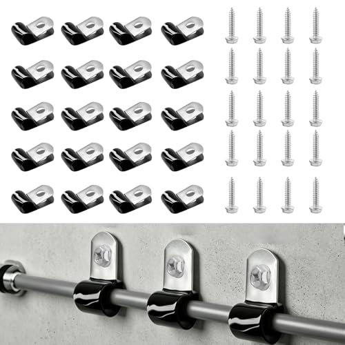 Brake Line Clips 20PCS, 8mm Rubber Coated with 20 Screws (19mm) for 3/16 Inch Tube Hose, Durable Cable Clamps for Automotive Use, Insulated Metal Brake Line Clamp, Secure Hold, Easy Install