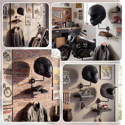 Shimeyao 2 Pack Helmet Holder Wall Mount with Shelf, 180° Rotation Helmet Storage Rack with Hooks for Motorcycle Bike Racing Outerwear Sports Gear Display Motorcycle Accessories