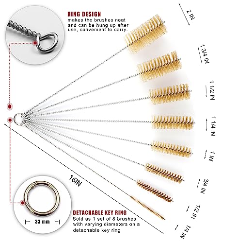 16 Inch Extra Long Pipe Cleaning Brush Set with Brass Bristles, 8 Piece Variety Pack for Auto Parts, Bottles,Tubes, Etc.