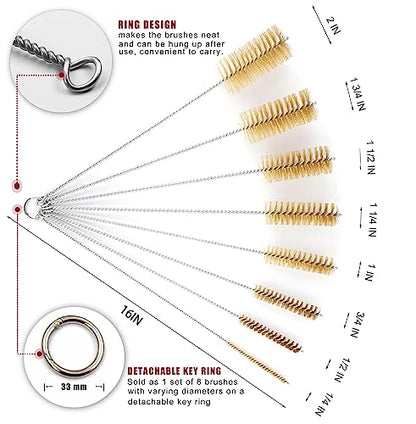 16 Inch Extra Long Pipe Cleaning Brush Set with Brass Bristles, 8 Piece Variety Pack for Auto Parts, Bottles,Tubes, Etc.
