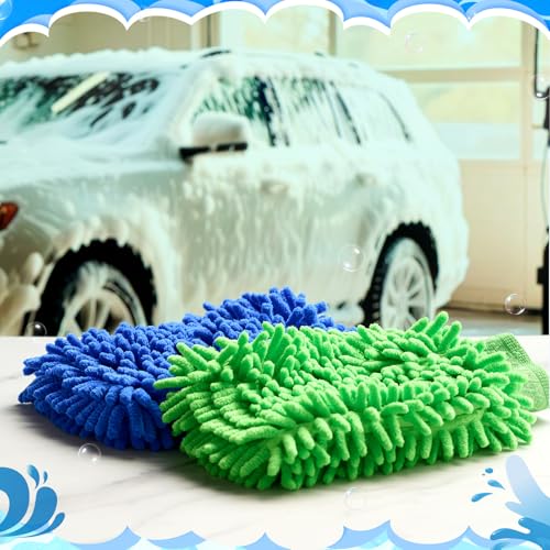 Patelai 30 Pcs Car Wash Mitts Bulk Microfiber Scratch Free Detailing Chenille Car Washing Gloves Hand Double Sided Absorbent Cars Sponge for Washing Cleaning Trucks Boats, 9.45 x 5.9 Inch(Green,Blue) - color: Green,Blue