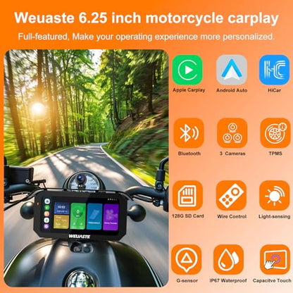 6.25' Motorcycle Carplay with Three Dash Cam (Inclues 128G SD),TMPS,GPS Navigation with Wireless Android Auto,Waterproof Touchscreen,Support Siri,Google Assistant,Anti-Glare,Bluetooth - size: 6.25 inch screen
