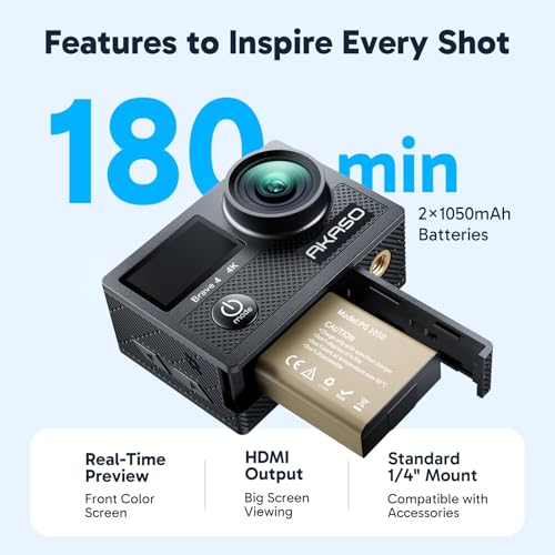 AKASO Brave 4 Action Camera 4K 30fps Ultra Hd Video 20MP Photo, EIS, WiFi, 2X Batteries, Waterproof Underwater Camera, Camcorder Bundle for Snorkel, Travel, Motorcycle, Bicycle, Helmet Accessories Kit
