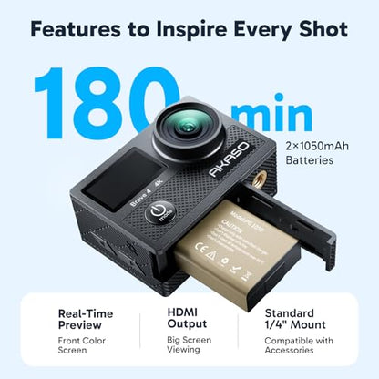 AKASO Brave 4 Action Camera 4K 30fps Ultra Hd Video 20MP Photo, EIS, WiFi, 2X Batteries, Waterproof Underwater Camera, Camcorder Bundle for Snorkel, Travel, Motorcycle, Bicycle, Helmet Accessories Kit