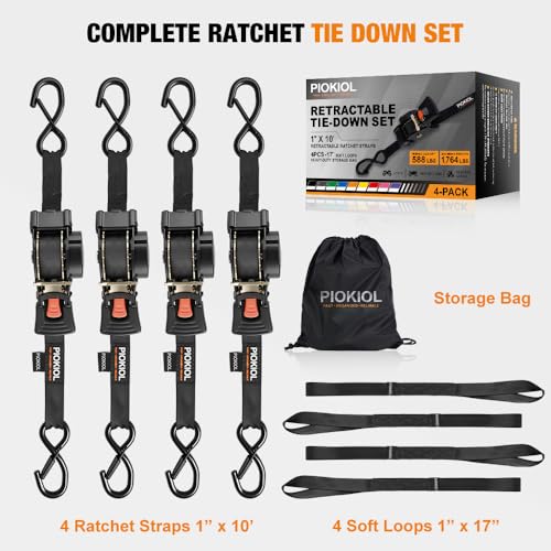 Retractable Ratchet Straps (4-Pack) - 1 Inch x 10 Feet (1,764lb Break Strength) - Heavy Duty Auto Self Retracting Tie Down Straps for Truck, Cargo Trailer, Motorcycle, ATV, UTV - Black - color: Black