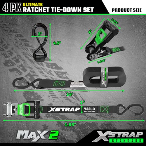 XSTRAP STANDARD 4PK Motorcycle Ratchet Straps, 1" x 15ft, 2,200 lbs Break Strength Tie Down Straps with Safety Lock S-Hooks, Soft Loop Straps and Stickers for Trucks, Cargo, Moving (Black) - size: Black-2200 lbs-4Loops