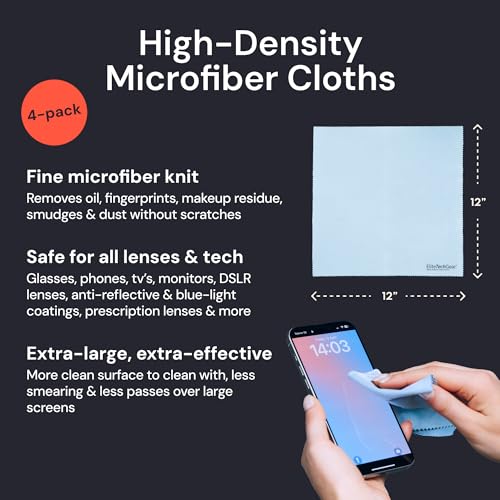 Elite Tech Gear Large Eye Glass Clean Cloths (4-Pack) 12" x 12" - Streak-Free, Oversized Microfiber Cleaning Cloths for Glasses, Camera Lenses, Tablets and TVs (Blue) - color: Blue, size: 12'' x 12'' (Pack of 4)