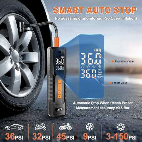 Tire Inflator Portable Air Compressor – Emergency Flat Tire Rescue & Pressure Maintenance Tool, Cordless Pump with 150PSI, LCD Screen, Auto Shut-Off – for Car, Motorcycle, Bicycle, Balls