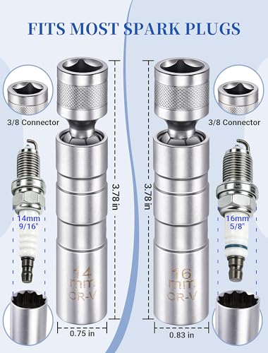 14mm & 16mm Magnetic Swivel Spark Plug Socket Set with 3 Inch & 6 Inch 3/8" Drive Extension Rods, Automotive Spark Plug Remover Installer Kit, Compatible with Most Vehicles, Car Repair Tool Combo - size: 4 Packs