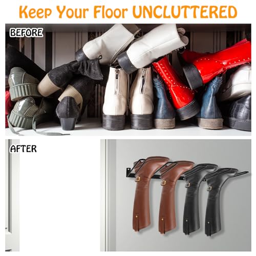 4 Pack Boot Rack Wader Hangers Wall Mount Holds 8 Pairs, Organizer Hanging Metal Tall Holder for Cowboy Garage Storage Closet Entryway Outdoor Drying, Black