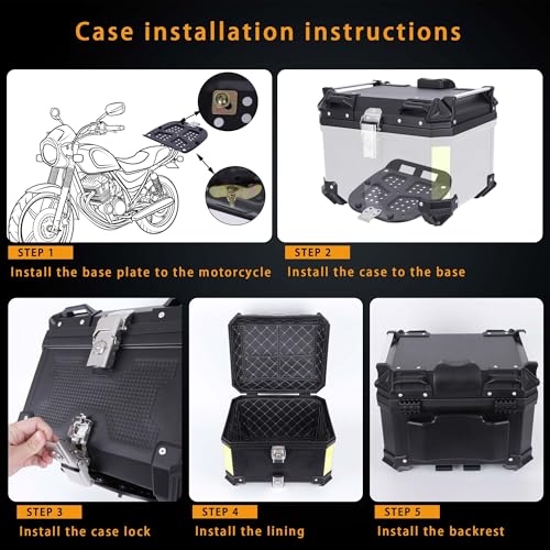 Motorcycle Top Case 45L Trunk Tail Box Bag Aluminum alloy handle with Leather Lining Anti-Theft With Double Lock Waterproof Dustproof Easy Installation with Universal Bracket Black - color: Black（45L-Double Lock）