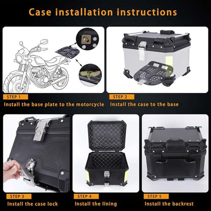 Motorcycle Top Case 45L Trunk Tail Box Bag Aluminum alloy handle with Leather Lining Anti-Theft With Double Lock Waterproof Dustproof Easy Installation with Universal Bracket Black - color: Black（45L-Double Lock）