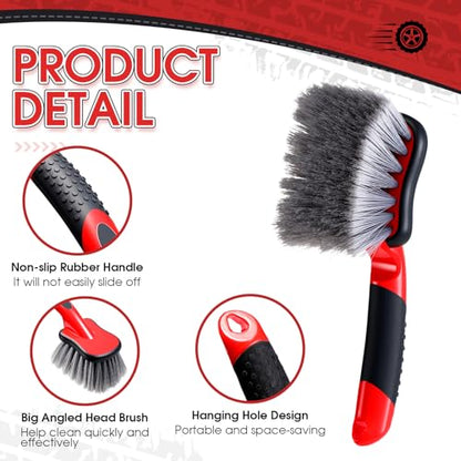 LemonRoad 5 Pack Car Wash Brushes Wheel Cleaner and Tire Brush for Car Detailing Bristle Fender Cleaning Supplies 10.3 inch Short Handle for Rim Carpet Truck SUV Moto RV Motorcycle